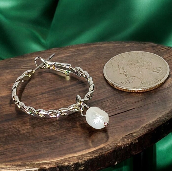 Silver Hoop Earrings Pearl Drop Charms Coquette Gothic Lolita Soft Girl Glam - Picture 10 of 16